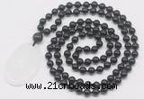 GMN5176 Hand-knotted 8mm, 10mm black tourmaline 108 beads mala necklace with pendant