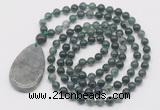 GMN5216 Hand-knotted 8mm, 10mm moss agate 108 beads mala necklace with pendant