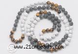 GMN6009 Knotted 8mm, 10mm matte white howlite & black labradorite 108 beads mala necklace with charm