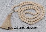 GMN604 Hand-knotted 8mm, 10mm white fossil jasper 108 beads mala necklaces with tassel