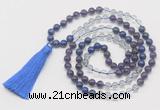GMN6100 Knotted 8mm, 10mm amethyst, white crystal & lapis lazuli 108 beads mala necklace with tassel