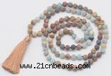 GMN6106 Knotted 8mm, 10mm matte mixed amazonite & jasper 108 beads mala necklace with tassel