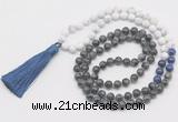 GMN6110 Knotted 8mm, 10mm matte white howlite & black labradorite 108 beads mala necklace with tassel