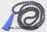 GMN6114 Knotted 8mm, 10mm black lava & lapis lazuli 108 beads mala necklace with tassel