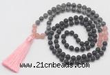 GMN6117 Knotted 8mm, 10mm matte black agate, black labradorite & rose quartz 108 beads mala necklace with tassel
