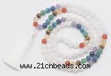 GMN6119 Knotted 7 Chakra 8mm, 10mm white jade 108 beads mala necklace with tassel