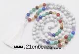 GMN6121 Knotted 7 Chakra 8mm, 10mm white howlite 108 beads mala necklace with tassel