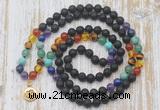 GMN6143 Knotted 7 Chakra 8mm, 10mm black lava 108 beads mala necklace with charm