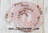 GMN6151 Knotted 8mm, 10mm rose quartz & pink wooden jasper 108 beads mala necklace with charm