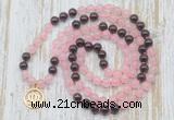 GMN6152 Knotted 8mm, 10mm rose quartz & garnet 108 beads mala necklace with charm