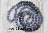 GMN6164 Knotted 8mm, 10mm blue spot stone & black lava 108 beads mala necklace with charm
