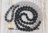 GMN6167 Knotted 8mm, 10mm black labradorite, matte rose quartz  & black agate 108 beads mala necklace with charm