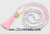 GMN6202 Knotted rose quartz & white howlite 108 beads mala necklace with tassel & charm