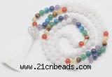 GMN6219 Knotted 7 Chakra white jade 108 beads mala necklace with tassel & charm