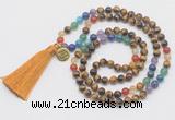 GMN6223 Knotted 7 Chakra yellow tiger eye 108 beads mala necklace with tassel & charm