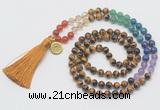 GMN6224 Knotted 7 Chakra 8mm, 10mm yellow tiger eye 108 beads mala necklace with tassel & charm