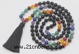 GMN6242 Knotted 7 Chakra 8mm, 10mm black agate 108 beads mala necklace with tassel