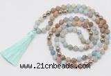 GMN6244 Knotted 8mm, 10mm matte amazonite & picture jasper 108 beads mala necklace with tassel