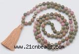 GMN6248 Knotted 8mm, 10mm matte unakite & pink wooden jasper 108 beads mala necklace with tassel