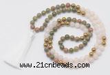 GMN6249 Knotted 8mm, 10mm unakite, white jade & hematite 108 beads mala necklace with tassel