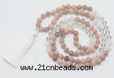 GMN6254 Knotted 8mm, 10mm sunstone, white crystal & white jade 108 beads mala necklace with tassel