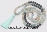 GMN6263 Knotted 8mm, 10mm matte amazonite & black lava 108 beads mala necklace with tassel