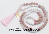 GMN6304 Knotted white howlite, pink jasper & rose quartz 108 beads mala necklace with tassel & charm