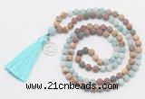 GMN6307 Knotted 8mm, 10mm matte amazonite & jasper 108 beads mala necklace with tassel & charm