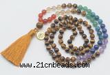 GMN6324 Knotted 7 Chakra 8mm, 10mm yellow tiger eye 108 beads mala necklace with tassel & charm