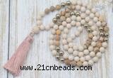 GMN6345 Knotted 8mm, 10mm white fossil jasper & picture jasper 108 beads mala necklace with tassel