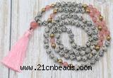 GMN6347 Knotted 8mm, 10mm dalmatian jasper & cherry quartz 108 beads mala necklace with tassel