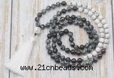 GMN6359 Knotted 8mm, 10mm snowflake obsidian, garnet & matte white howlite 108 beads mala necklace with tassel