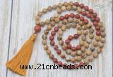 GMN6360 Knotted 8mm, 10mm picture jasper & red jasper 108 beads mala necklace with tassel