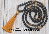 GMN6369 Knotted 8mm, 10mm black lava, smoky quartz & golden tiger eye 108 beads mala necklace with tassel