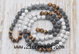 GMN6409 Hand-knotted 8mm, 10mm matte white howlite & black labradorite 108 beads mala necklaces