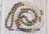 GMN6449 Hand-knotted 8mm, 10mm unakite, white jade & hematite 108 beads mala necklaces