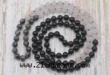 GMN6467 Knotted 8mm, 10mm black labradorite, matte rose quartz  & black agate 108 beads mala necklaces