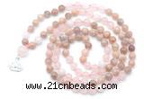 GMN6501 Knotted 8mm, 10mm sunstone, rose quartz & white jade 108 beads mala necklace with charm