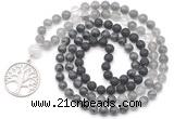 GMN6517 Knotted 8mm, 10mm black lava, black labradorite & cloudy quartz 108 beads mala necklace with charm