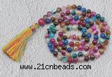 GMN675 Hand-knotted 8mm, 10mm colorfull banded agate 108 beads mala necklaces with tassel