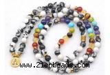 GMN7120 7 Chakra 8mm black & white jasper 108 mala beads wrap bracelet necklaces