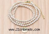 GMN7524 4mm faceted round tiny white fossil jasper beaded necklace with letter charm