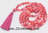 GMN803 Hand-knotted 8mm, 10mm red banded agate 108 beads mala necklace with tassel