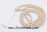 GMN815 Hand-knotted 8mm, 10mm white fossil jasper 108 beads mala necklace with tassel