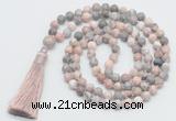 GMN816 Hand-knotted 8mm, 10mm pink zebra jasper 108 beads mala necklace with tassel