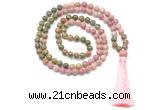 GMN8551 8mm, 10mm unakite & pink wooden jasper 108 beads mala necklace with tassel