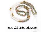 GMN8553 8mm, 10mm unakite, white jade & hematite 108 beads mala necklace with tassel