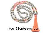 GMN8557 8mm, 10mm dalmatian jasper, cherry quartz & hematite 108 beads mala necklace with tassel