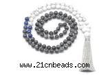 GMN8562 8mm, 10mm black labradorite, lapis lazuli & matte white howlite 108 beads mala necklace with tassel