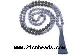 GMN8573 8mm, 10mm blue spot stone & black lava 108 beads mala necklace with tassel